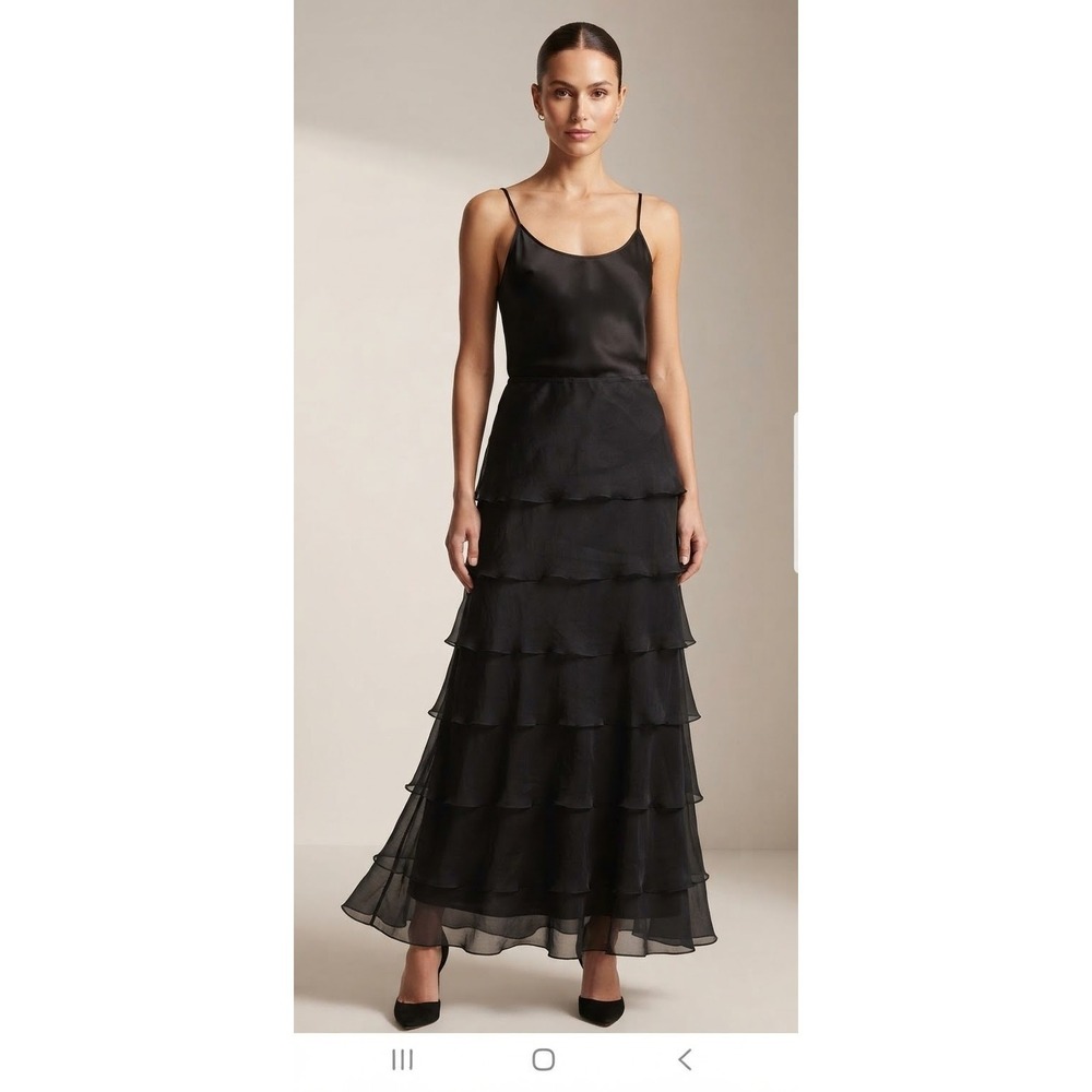 Tadashi Black Tiered Ruffle Long Skirt Silk sz 4